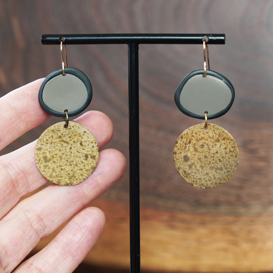 Creative Black and Taupe Polymer Clay and Brass Patina Statement Earrings made by Jax Atelier in San Diego, CA