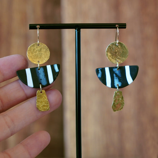 Unique Geometric Black-and-white Polymer Clay and Hammered Brass Statement Earrings by JAX Atelier handmade in San Diego