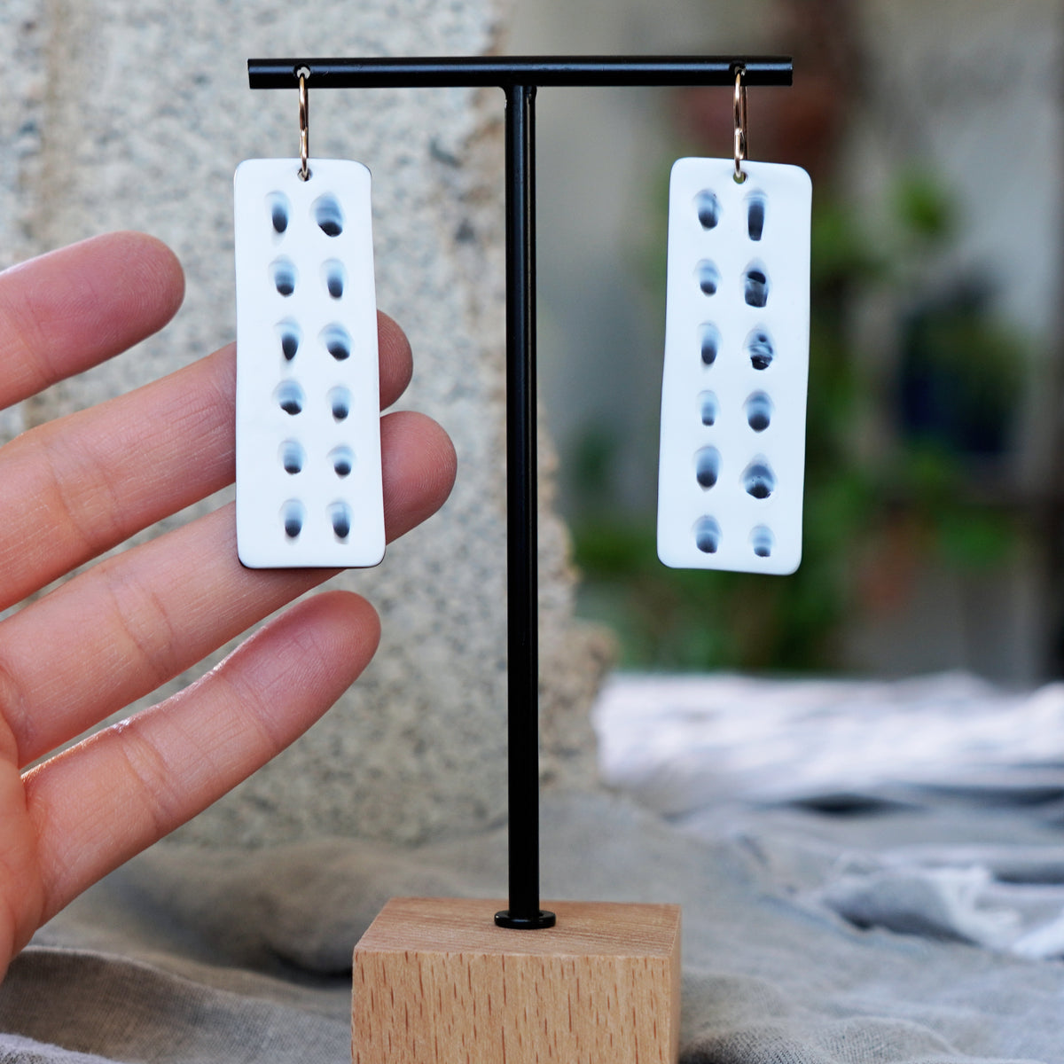 JAX Atelier Unique White Black Textured Hand Carved Rectangular Statement Earrings San Diego Made