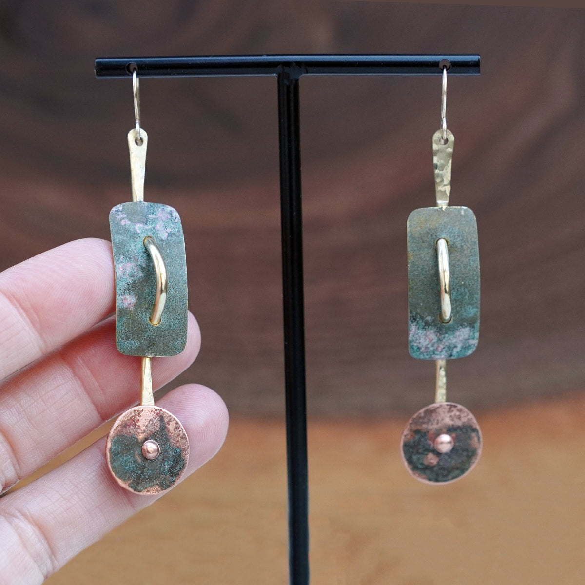 Unique Sculptural Brass Copper Patina Riveted Sculptural Statement Earrings Handmade in San Diego by Jax Atelier