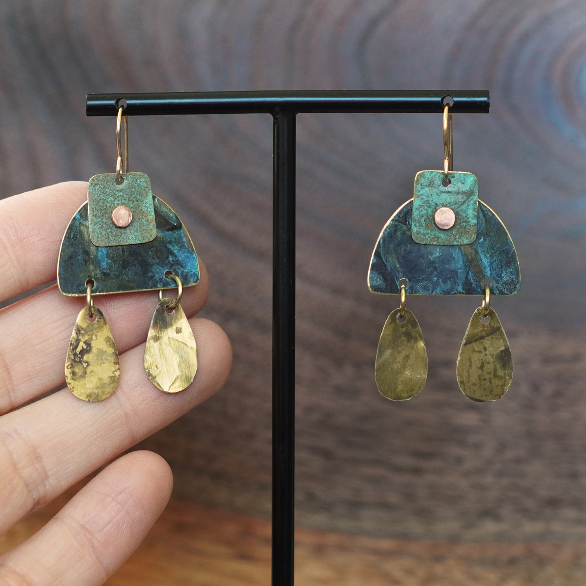 One of a kind Geometric Riveted Patina Teardrop Dangle Statement Earrings Handmade by Jax Atelier in San Diego