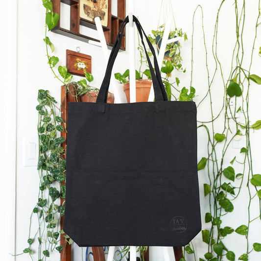 One of a kind Textured Circles Block Printed Black Cotton Canvas Tote Bag Jax Atelier Made in San Diego