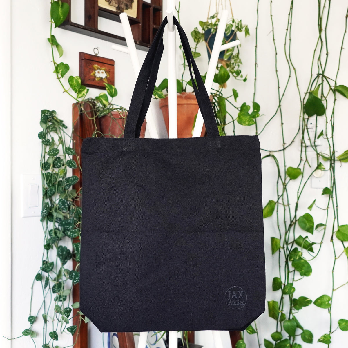 One of a kind Abstract Ovals Monochromatic Block Printed Black Canvas Tote Bag JAX Atelier Made in San Diego