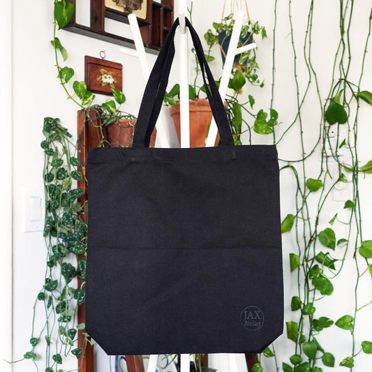 One of a kind Abstract Ovals Monochromatic Block Printed Black Canvas Tote Bag JAX Atelier Made in San Diego