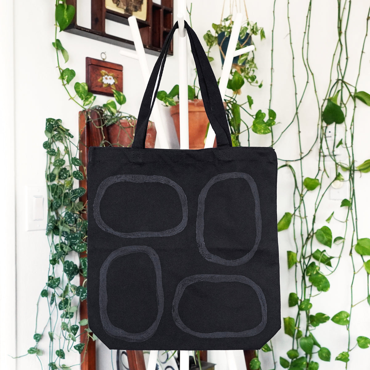 Abstract Ovals Monochromatic Block Printed Black Canvas Tote Bag JAX Atelier San Diego Made