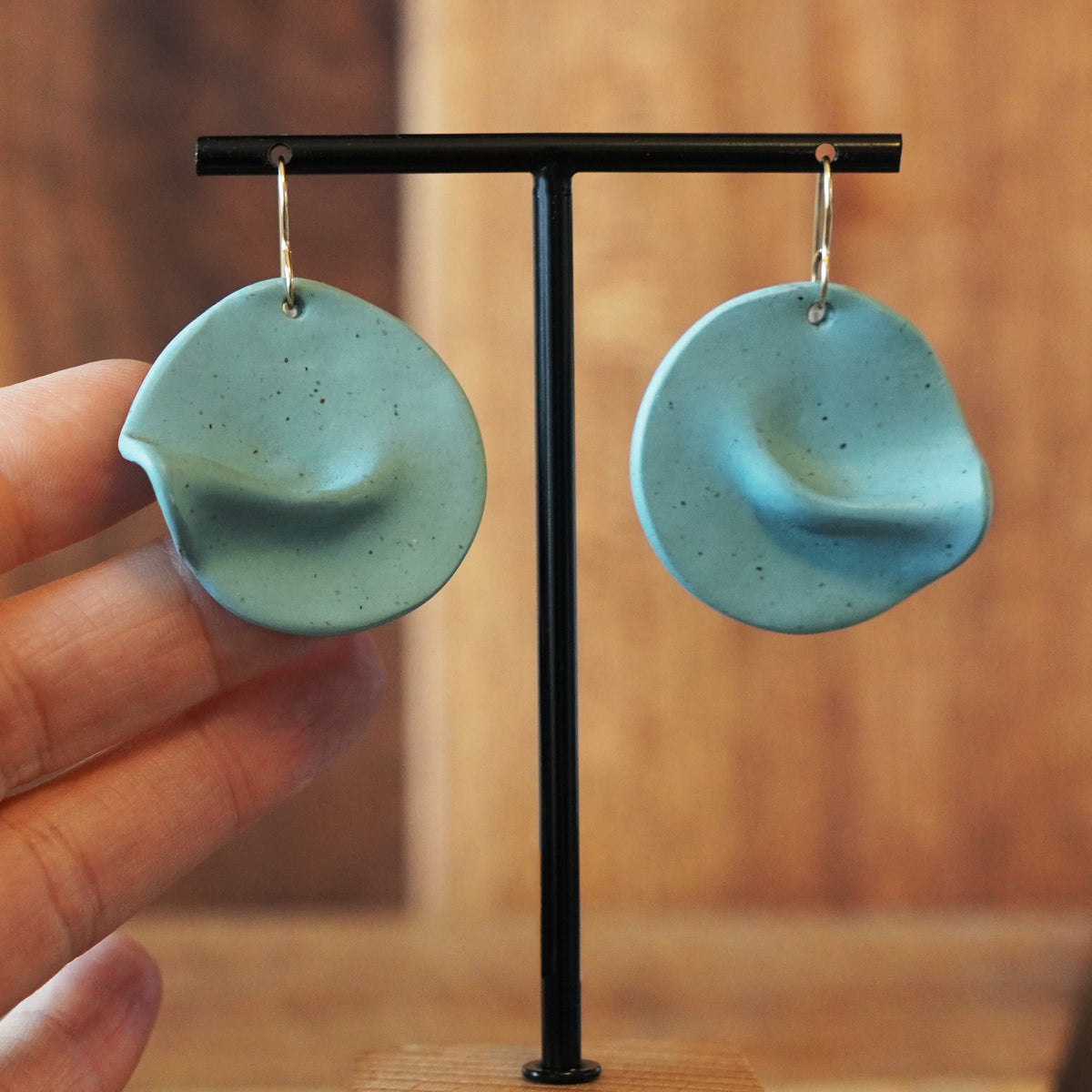 Unique Sculptural Aqua Crinkle Circle Polymer Clay Earrings by JAX Atelier handmade in San Diego
