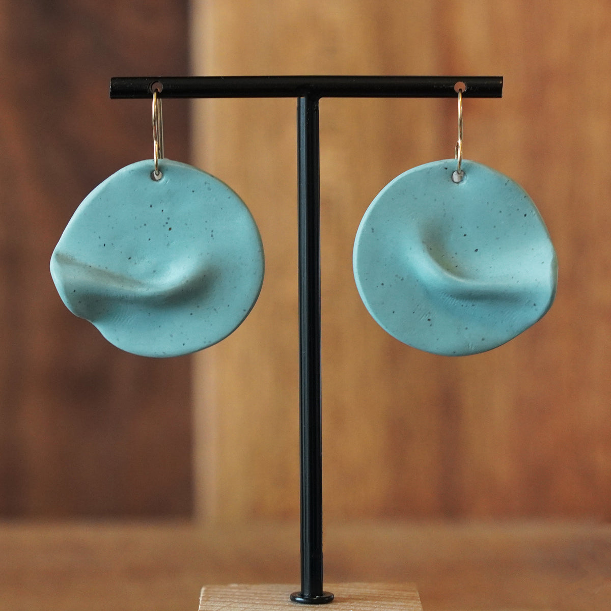 Artful Sculptural Aqua Crinkle Circle Polymer Clay Earrings by JAX Atelier handmade in San Diego