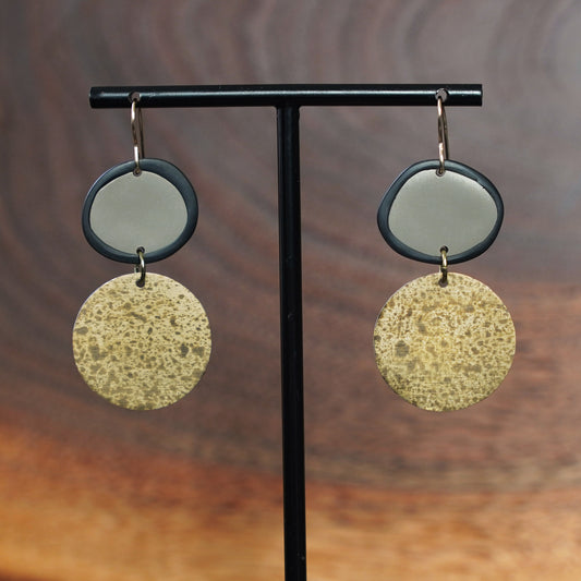 Artful and Unique Black and Taupe Clay and Brass Patina Statement Earrings by Jax Atelier in San Diego, CA