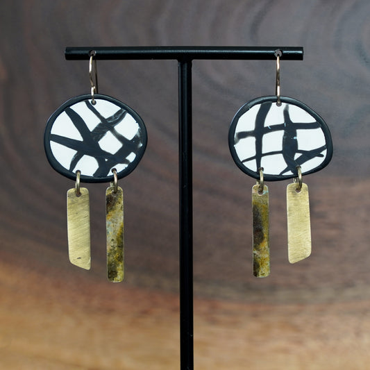 Unique one of a kind black and white clay and brass patina dangle earrings by Jax Atelier handmade in San Diego