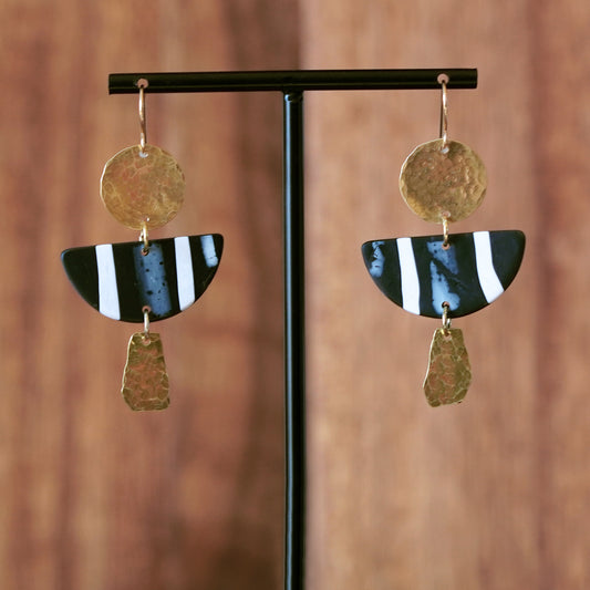 Artful, Geometric Black-and-white Clay and Hammered Brass Statement Earrings by JAX Atelier handmade in San Diego