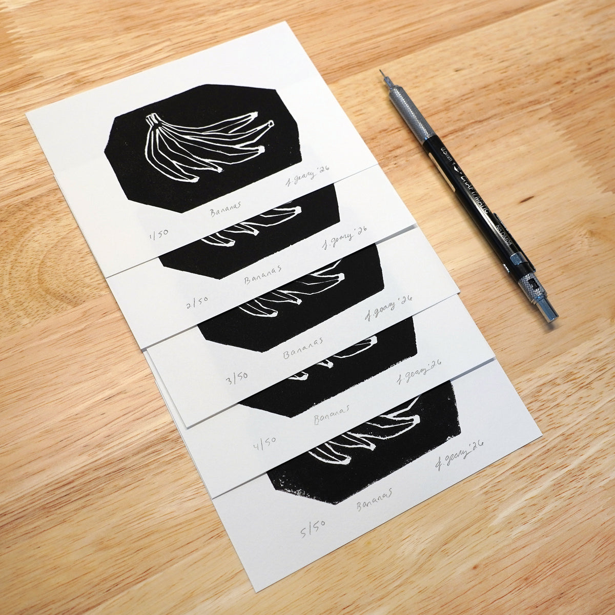 Limited Edition of 50 'Bananas' Linocut Block Prints by Jacki Geary with JAX Atelier. Handmade in San Diego.