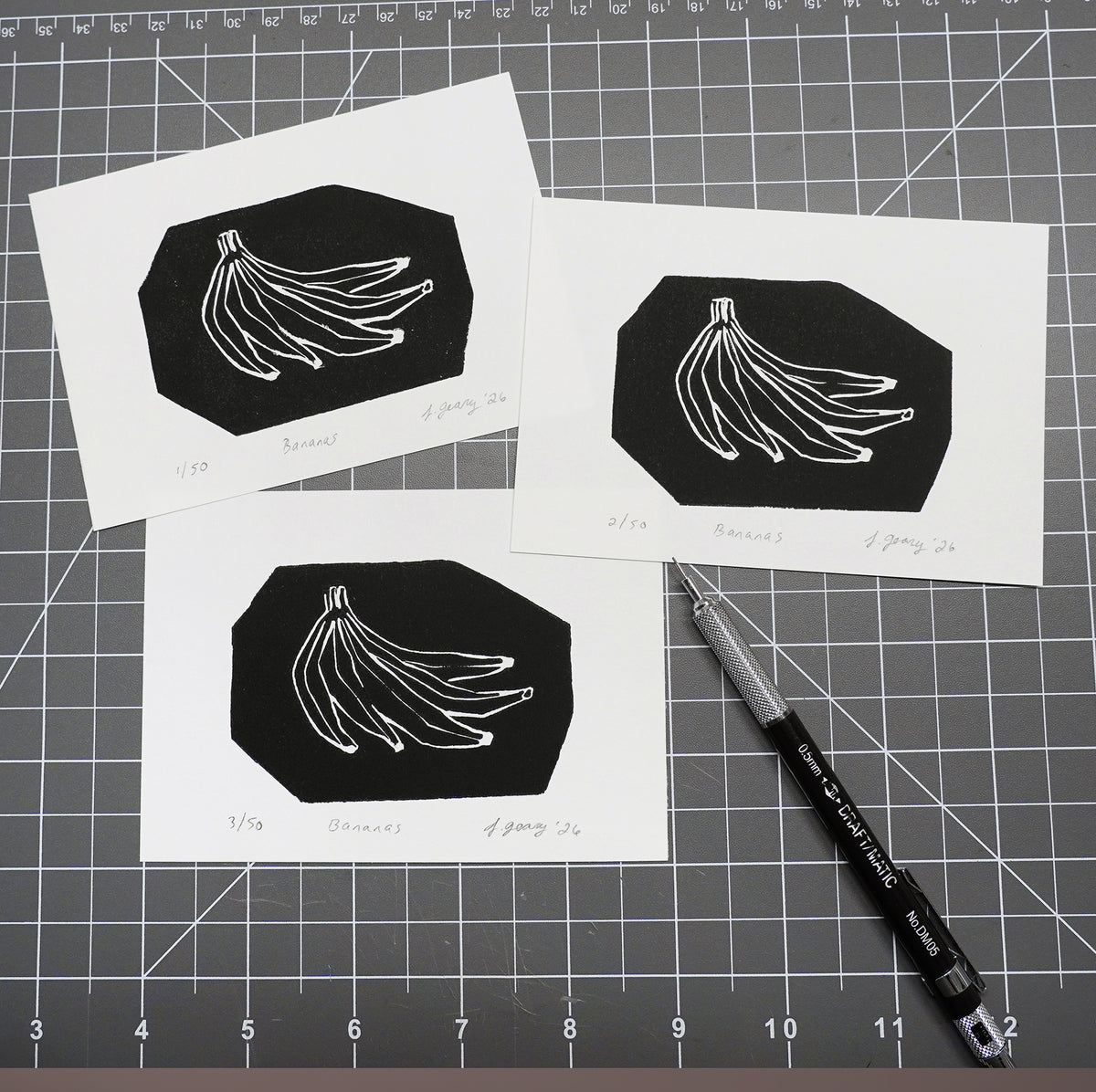 Numbered Limited Edition 'Bananas' Linocut Block Prints by Jacki Geary with JAX Atelier. Made in San Diego.