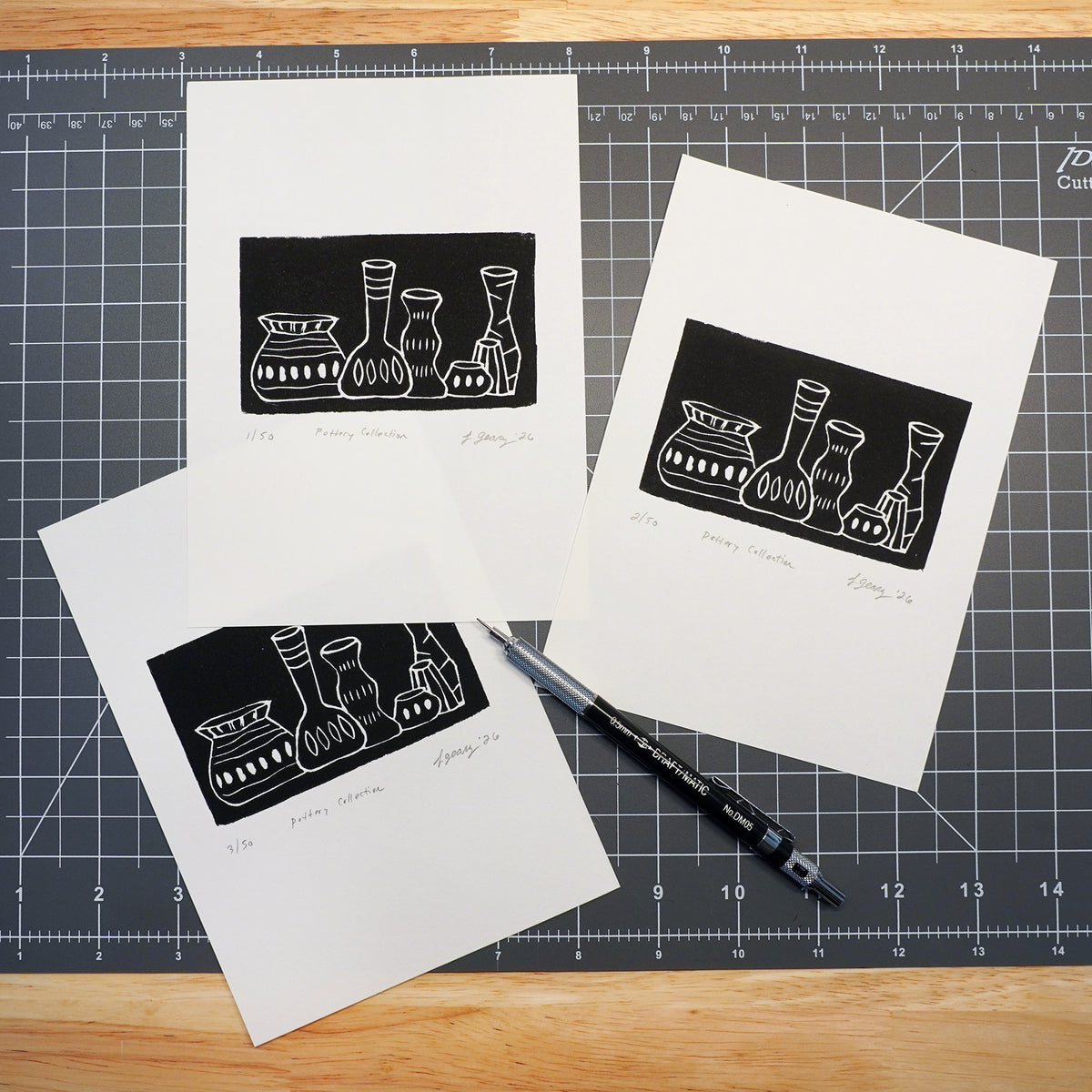 Pottery Collection Linocut Block Prints Limited Edition of 50 by Jacki Geary with JAX Atelier. Made in San Diego.