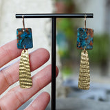 Artful One of a kind Blue Copper Patina Textured Brass Statement Earrings JAX Atelier Handcrafted in San Diego