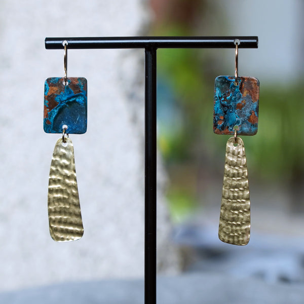 Unique Blue Copper Patina Textured Brass Statement Earrings JAX Atelier San Diego Made