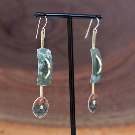 One of a kind Sculptural Brass Copper Patina Riveted Sculptural Statement Earrings Handmade in San Diego by Jax Atelier
