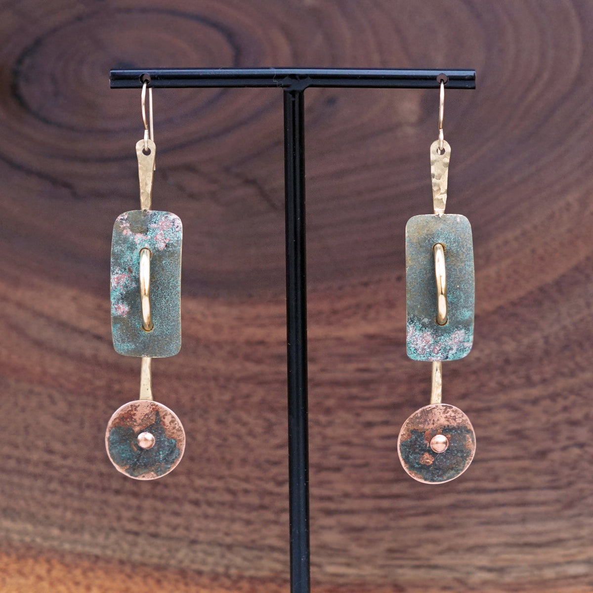Artful Sculptural Brass Copper Patina Riveted Sculptural Statement Earrings Handmade in San Diego by Jax Atelier