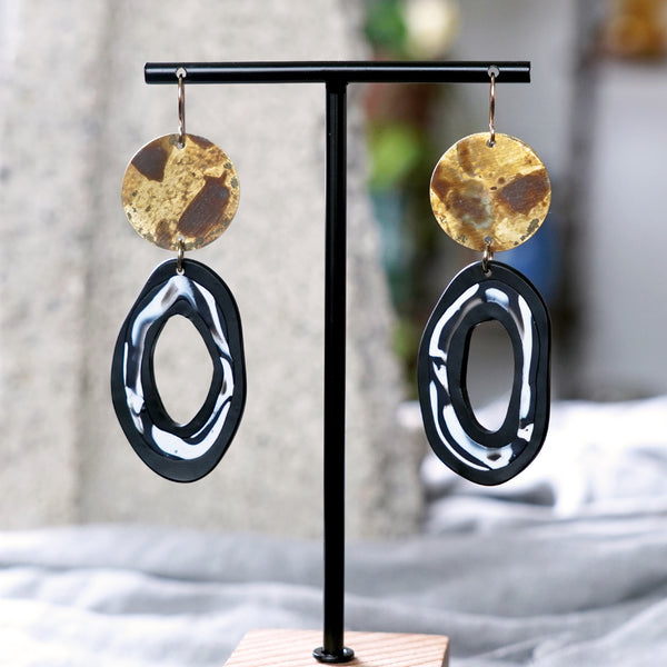 Brass Patina Circles B&W Marbled Clay Statement Earrings JAX Atelier Made in San Diego