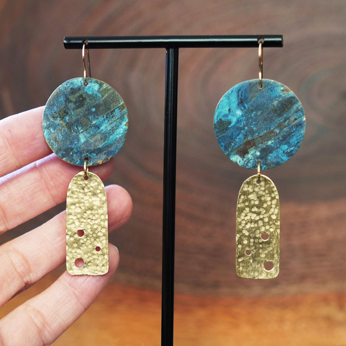 Artsy Unique Brass Patina Hammered Arch Earrings by Jax Atelier Handmade in San Diego