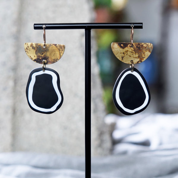 Artful Brass Patina Half Circles B&W Clay Drop Statement Earrings JAX Atelier Made in San Diego