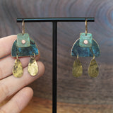 One of a kind Geometric Riveted Patina Teardrop Dangle Statement Earrings Handmade by Jax Atelier in San Diego