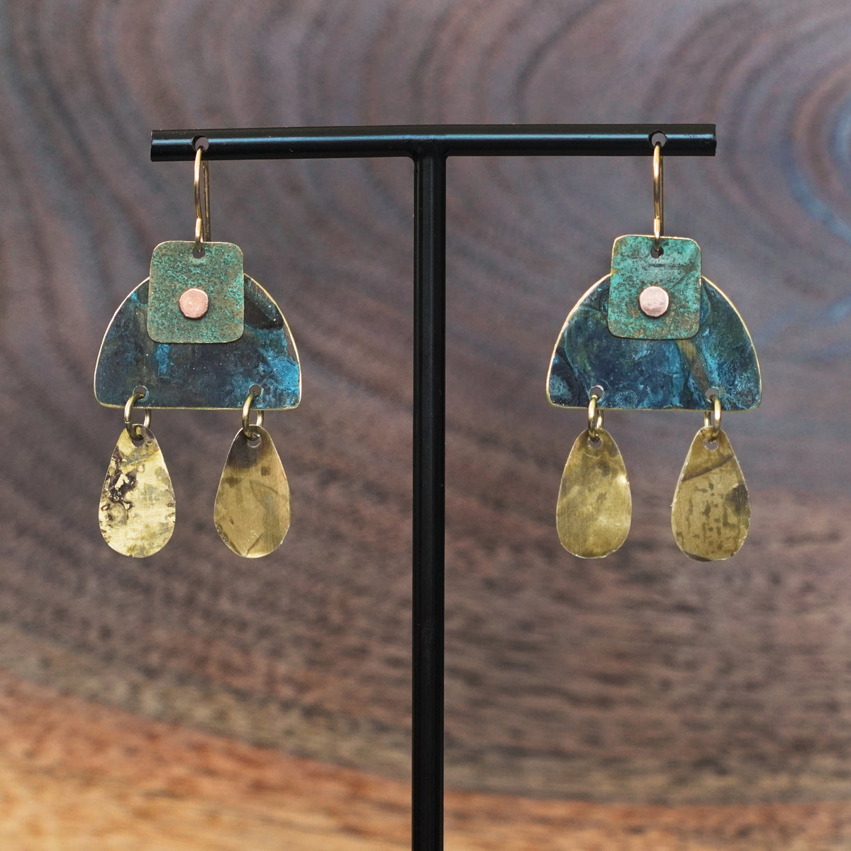 Artful Geometric Riveted Patina Teardrop Dangle Statement Earrings Handcrafted by Jax Atelier in San Diego