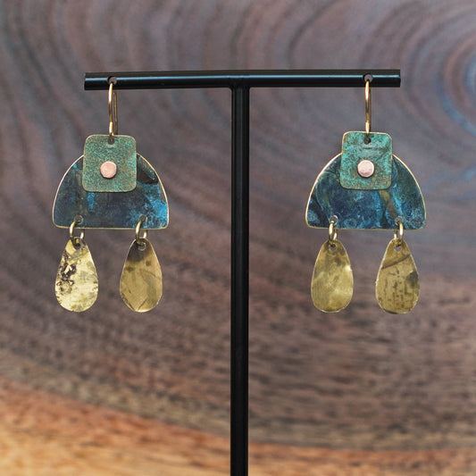 Artful Geometric Riveted Patina Teardrop Dangle Statement Earrings Handcrafted by Jax Atelier in San Diego