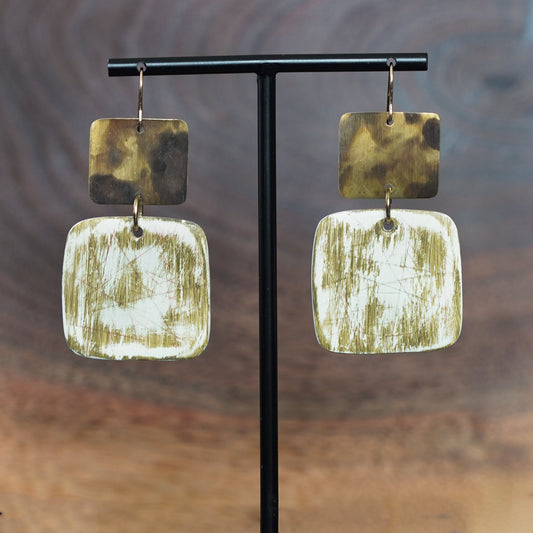 Unique OOAK Brass Patina and Olive Green Painted Clay Statement Earrings by JAX Atelier Handmade in San Diego