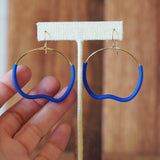 Unique Artsy Brass Wire and Blue Tubing Abstract Wavy Hoop Statement Earrings by JAX Atelier San Diego Made