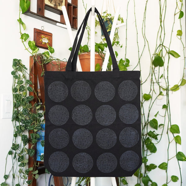 Textured Circles Block Printed Black Canvas Tote Bag Jax Atelier Made in San Diego