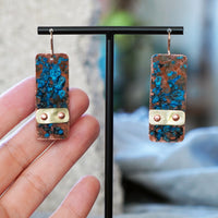 Unique Copper Patina and Brass Riveted Rectangular Statement Earrings by JAX Atelier Made in San Diego, California.
