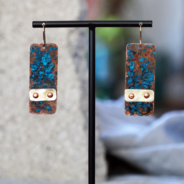 Artful Copper Patina and Brass Riveted Statement Earrings by JAX Atelier Made in San Diego.