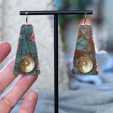 Unique Copper Patina & Brass Textured Circles Riveted Trapezoid Statement Earrings by JAX Atelier San Diego Made