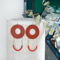 Unique Burnt Orange Polymer Clay Circles Brass Red Statement Earrings JAX Atelier Made in San Diego