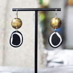 Artful Domed Brass Patina Circles B&W Clay Statement Earrings Jax Atelier Made in San Diego