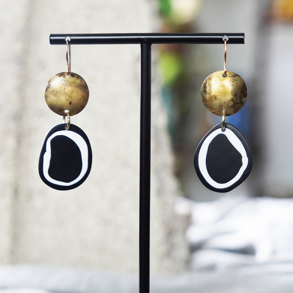 Artful Domed Brass Patina Circles B&W Clay Statement Earrings Jax Atelier Made in San Diego