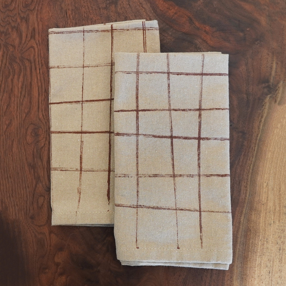 Graph Lines Block Printed Tan Napkin Set Hand Printed by Jax Atelier in San Diego