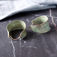 Unique Anticlastic Brass Blue Green Patina Wide Hoop Statement Earrings JAX Atelier Made in San Diego