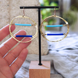 Hammered Brass Light Blue Royal Blue Abstract Hoop Statement Earrings JAX Atelier Made in San Diego
