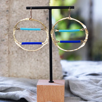 Hammered Brass Light Blue Royal Blue Abstract Hoop Statement Earrings JAX Atelier San Diego Made