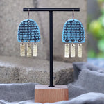 Unique Hammered Brass Hand Painted Grid Blue Polymer Clay Earrings Jax Atelier Made in San Diego