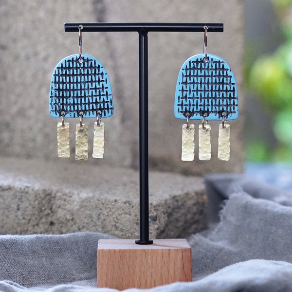 Unique Hammered Brass Hand Painted Grid Blue Polymer Clay Earrings Jax Atelier Made in San Diego