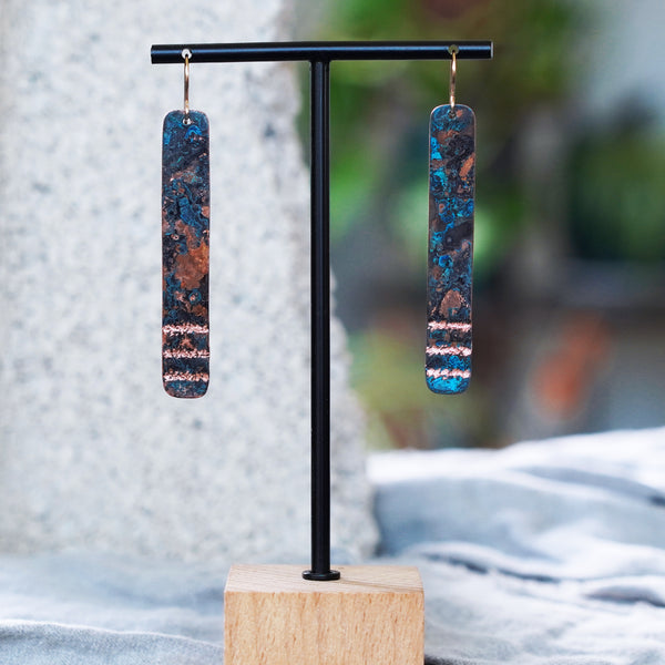 Unique Long Rectangular Copper Blue Patina Statement Earrings Made in San Diego