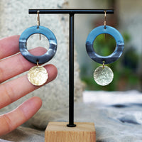 Unique Periwinkle Marbled Black Clay Hammered Brass Statement Earrings JAX Atelier Made in San Diego