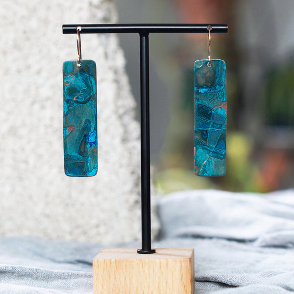 Rectangular Blue Copper Patina Statement Earrings JAX Atelier Made in San Diego