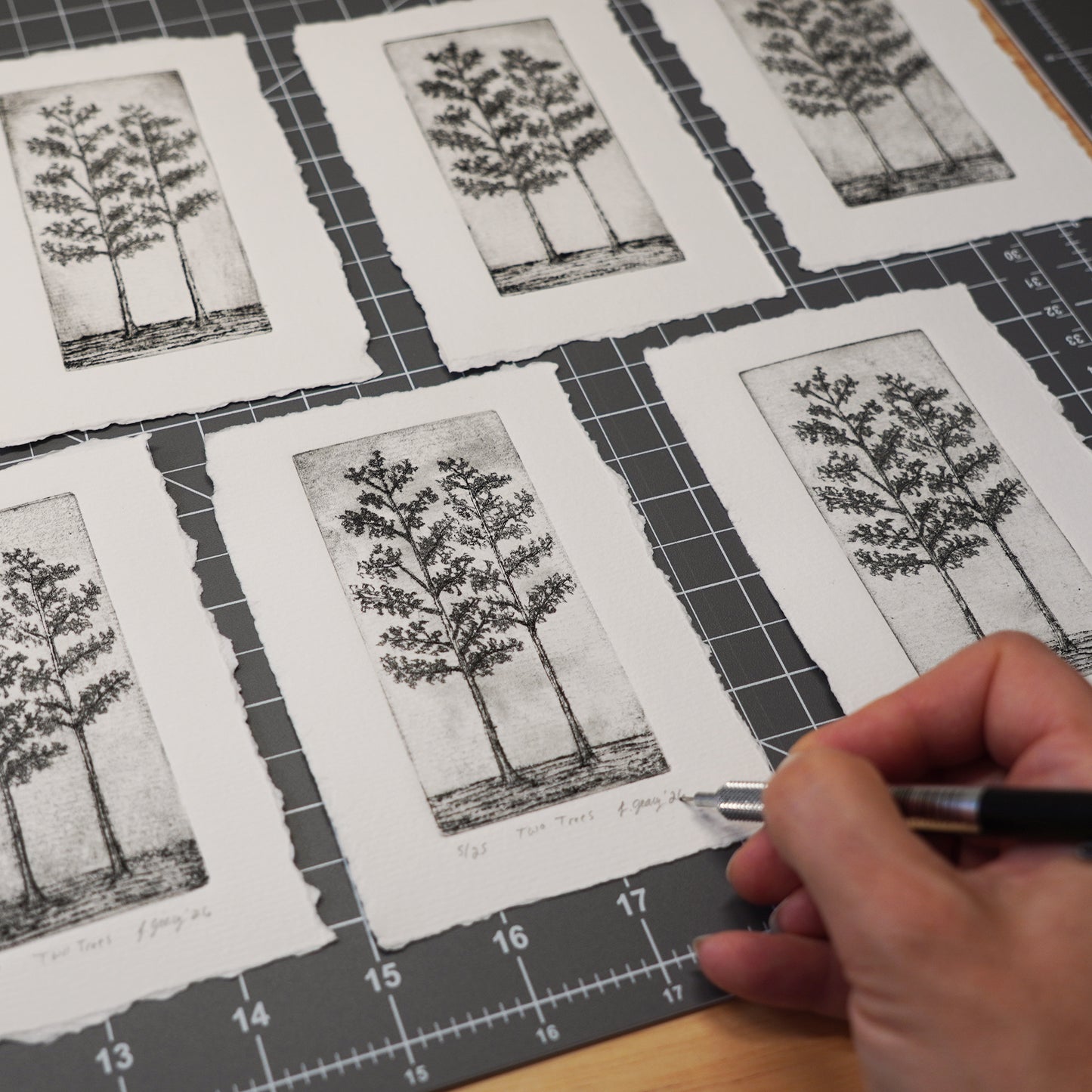 A hand holds a pencil over several printed tree etchings laid out on a dark gridded cutting mat. The artist Jacki Geary with Jax Atelier is signing the limited edition drypoint prints.