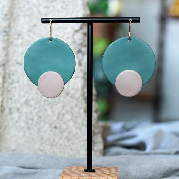 Unique Artful Teal Taupe Sculptural Circle Polymer Clay Statement Earrings JAX Atelier San Diego Made