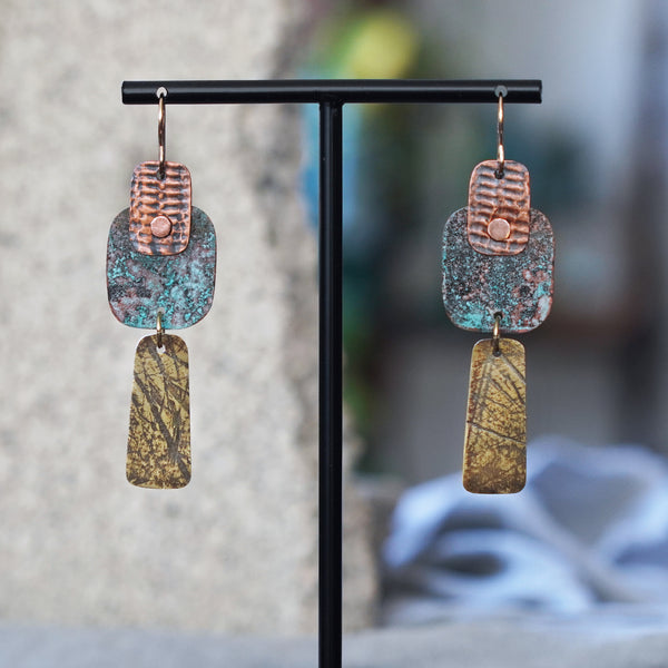 Unique Textured Copper & Brass Patina Riveted Geometric Earrings by JAX Atelier Made in San Diego