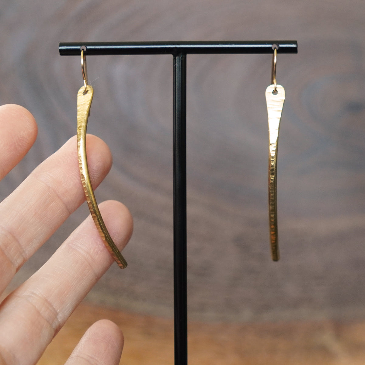 One of a kind Textured Curved Brass Bar Statement Earrings by Jax Atelier Handmade in San Diego