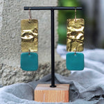 Textured Brass Teal Polymer Clay Statement Earrings Jax Atelier Made in San Diego